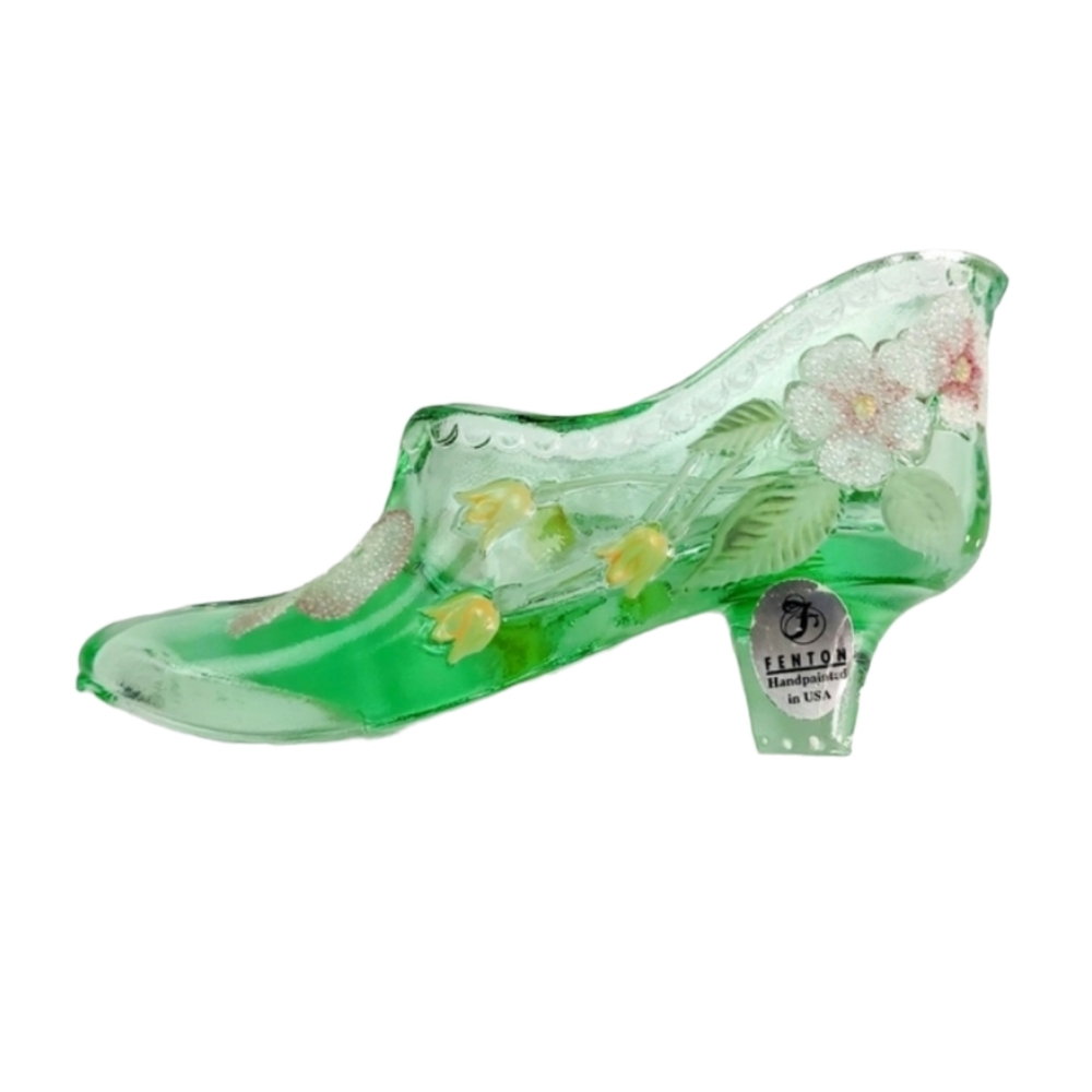 Vintage Fenton Sea Green Miniature Glass Shoe Handpainted and Signed